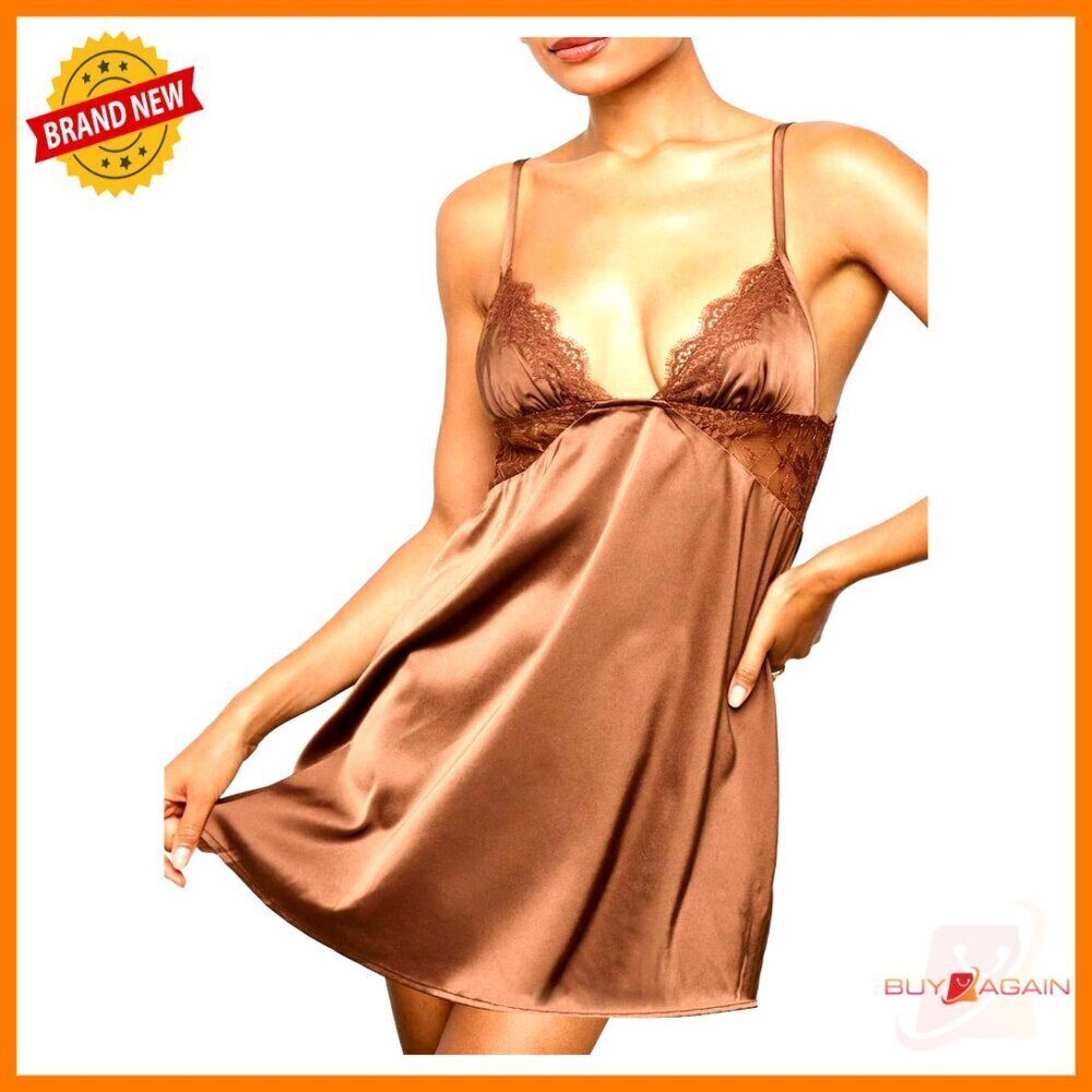Satin Silk Nightgown Lace Trim Tie Back Babydoll Slip Dress Sleepwear